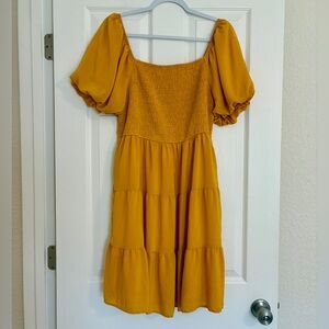 Zesica Dress XL Gold Smocked Puff Sleeve Boho Cottagecore Coquette Festival